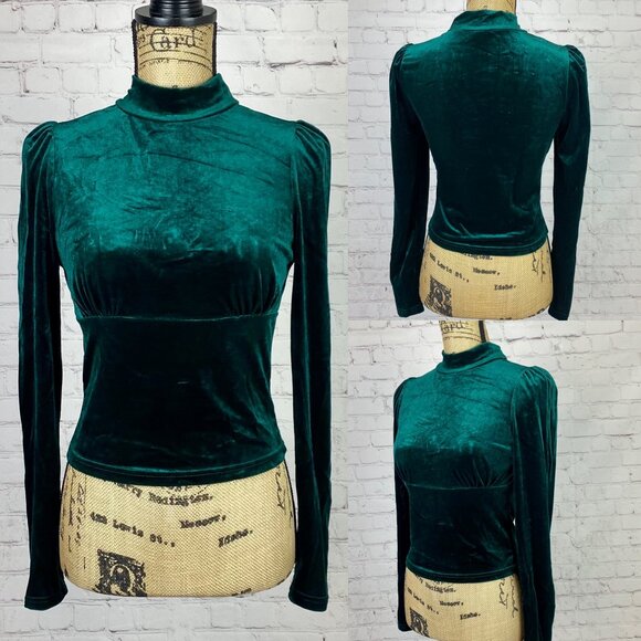 Emerald Green Velvet Fitted Bodice High Collar Top - Picture 1 of 1